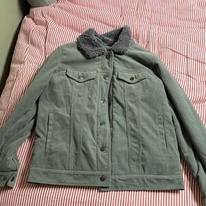 Women's Green Corduroy Jacket with Faux Fur Collar